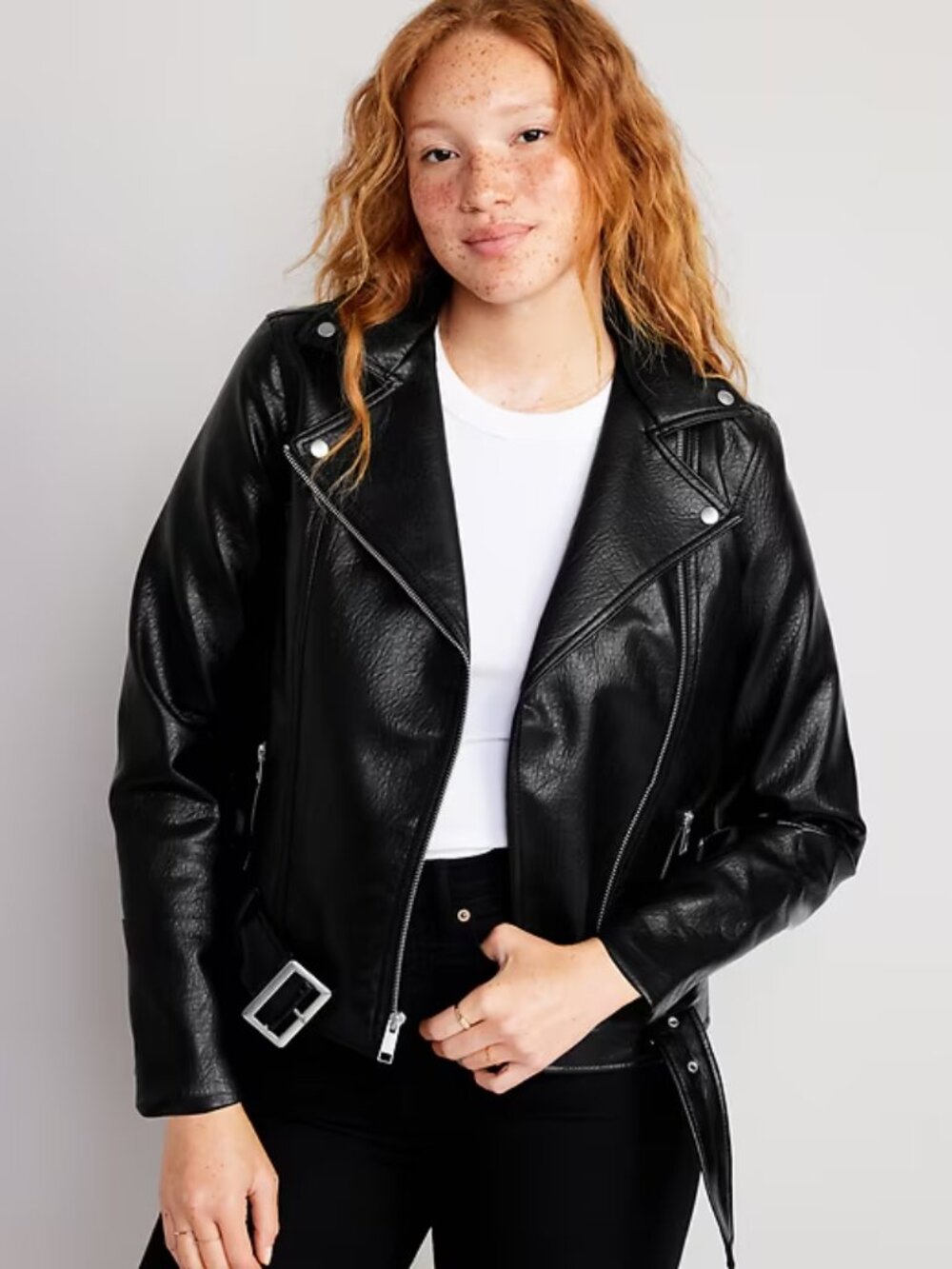 Old Navy Women's Black Biker Jacket Faux Leather Belted Zipper Pockets M